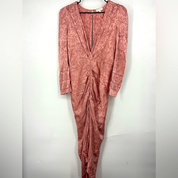 NWOT Ronny Kobo Tropical Print V-Neck Ruched Midi Dress Pink Large - Picture 2 of 6